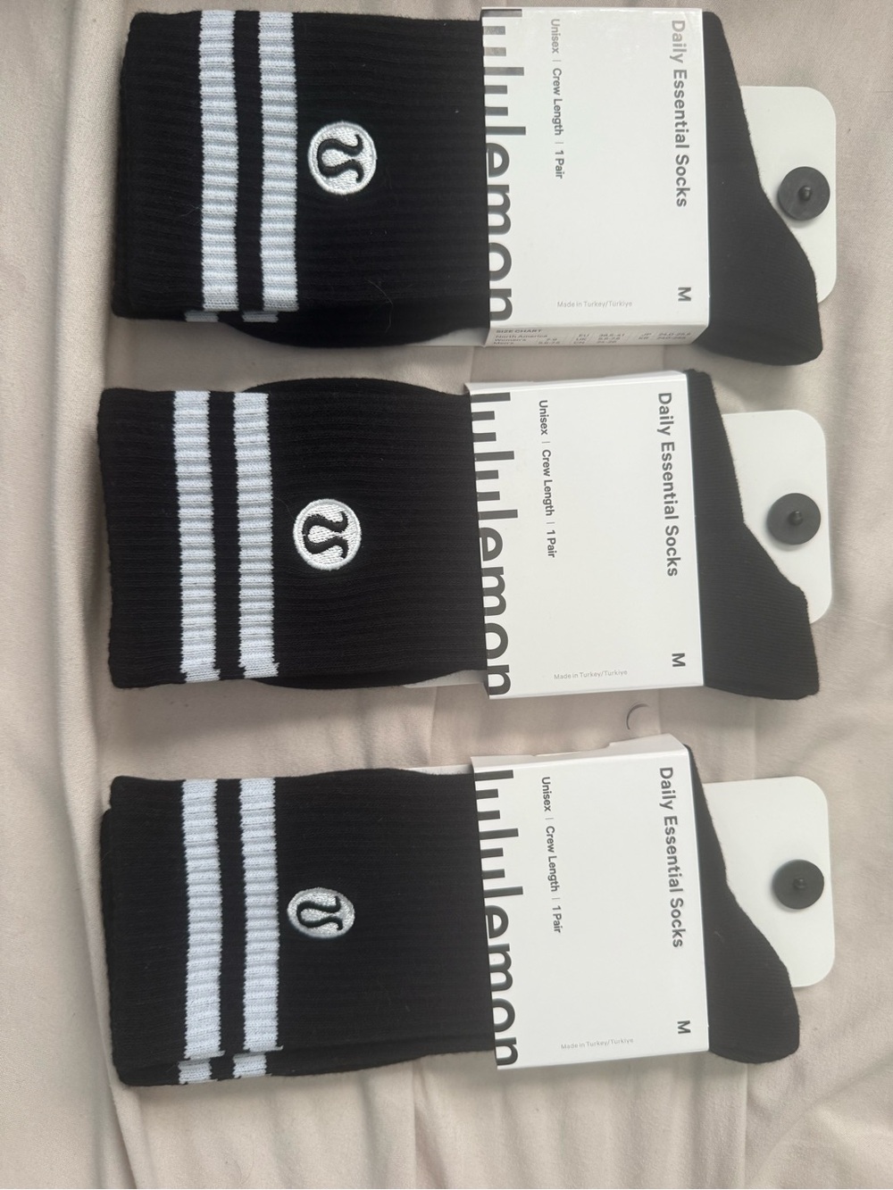 lululemon athletica Black Crew Socks with White Stripes - Pack of 3
